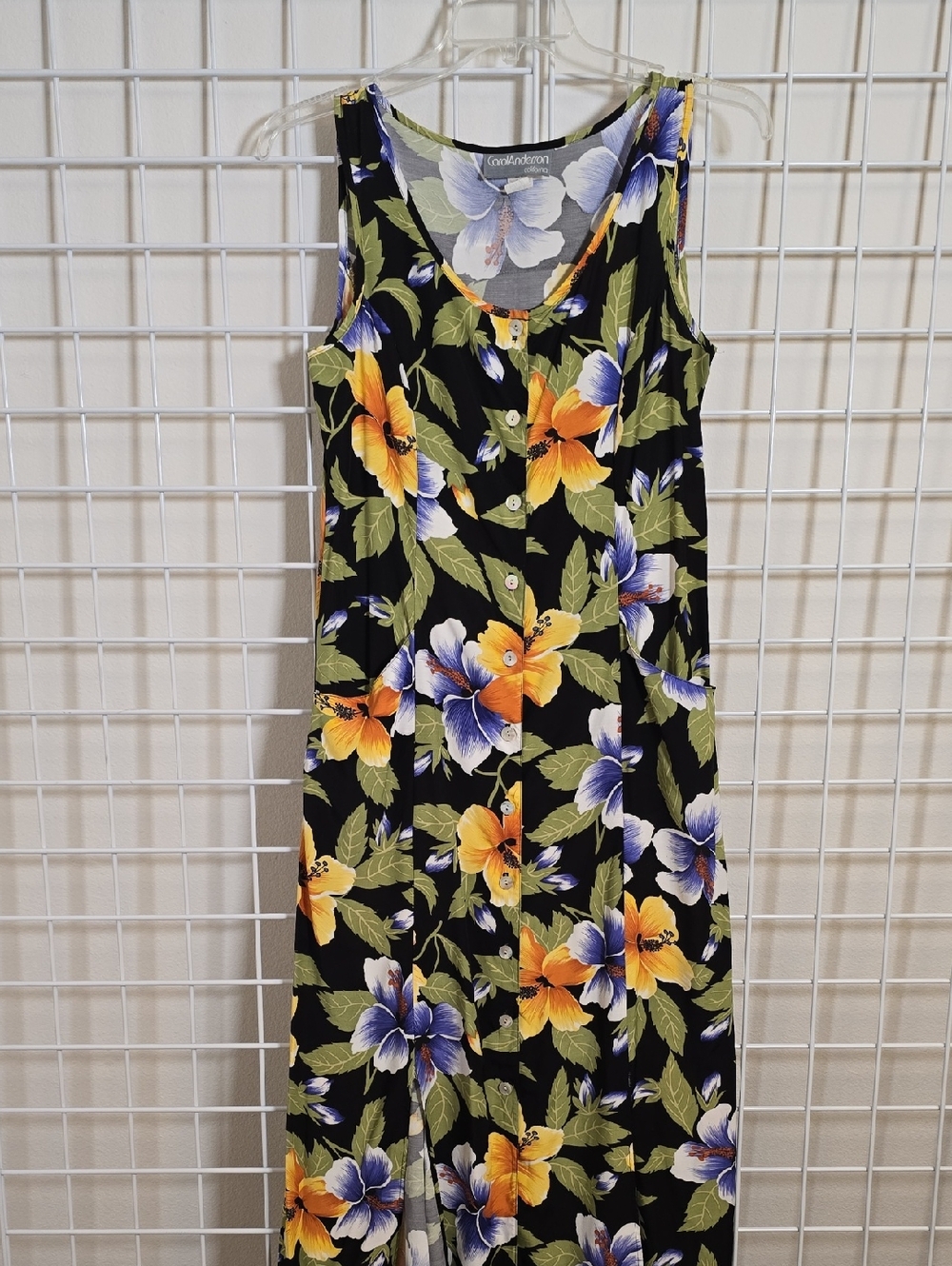 Carol Anderson Vintage  Black Floral Tropical Maxi Dress Button Front Size 12